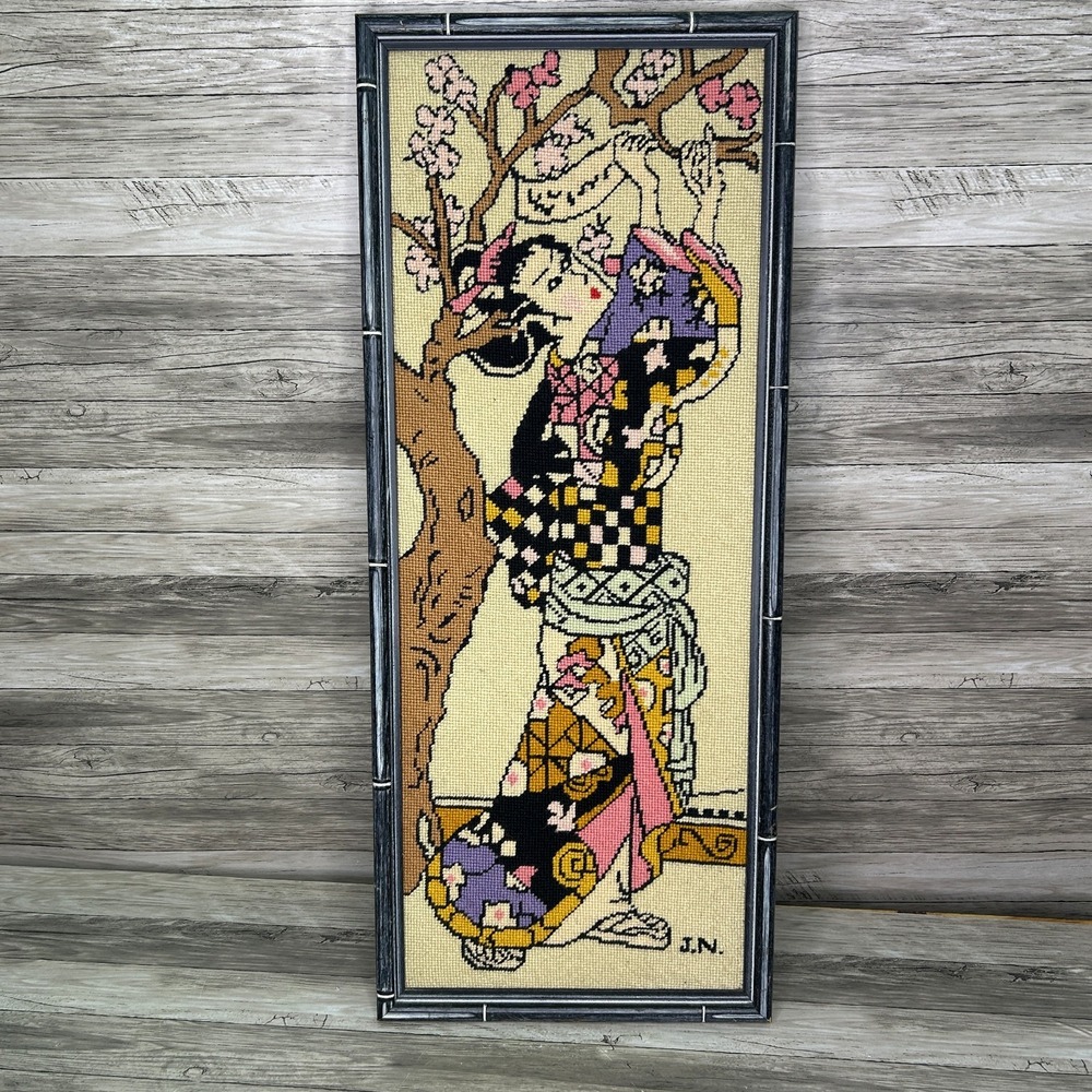 Vintage Handmade Geisha Needlepoint Bamboo Style Frame Japanese Woman